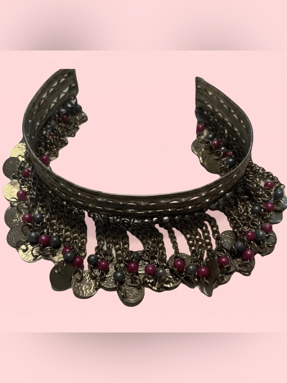 Vintage Boho Ethnic Tribal Choker Silver w Pink Lavender Beads/Fringe adjustable